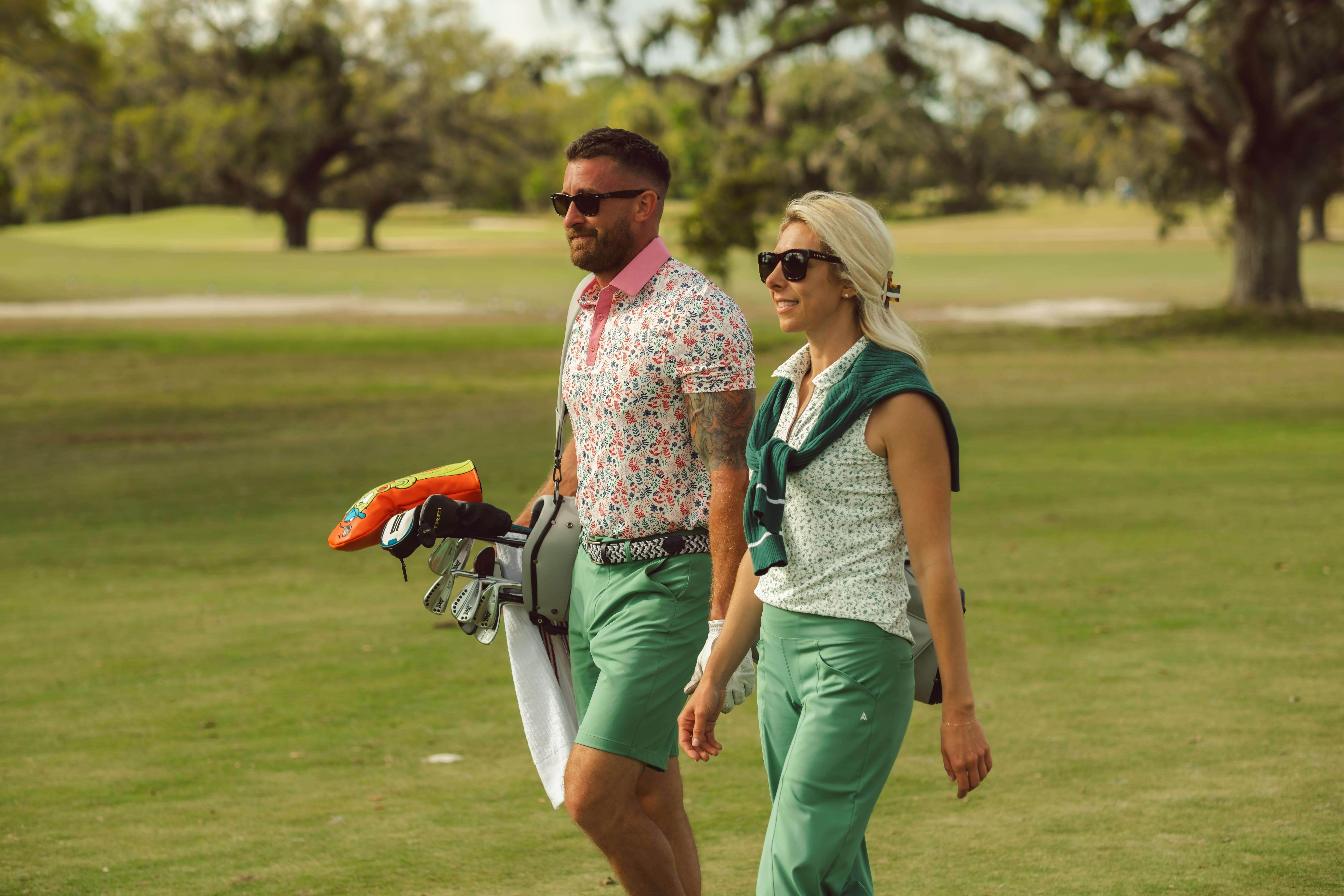 Image of short par 4 spring golf gear men and women golf polo, golf pants, golf shorts and golf gear
