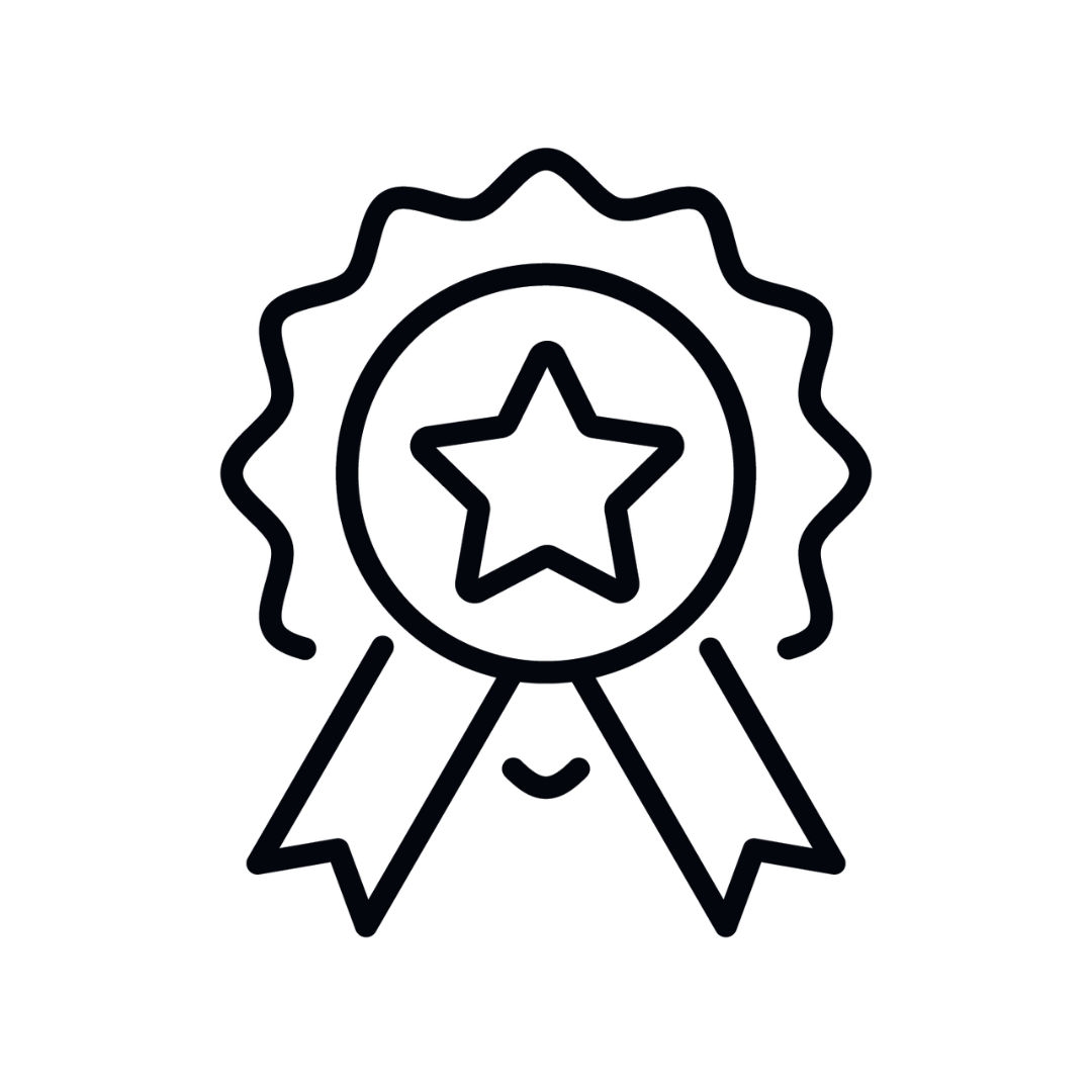 Line drawing of a badge with a star in the center on a white background