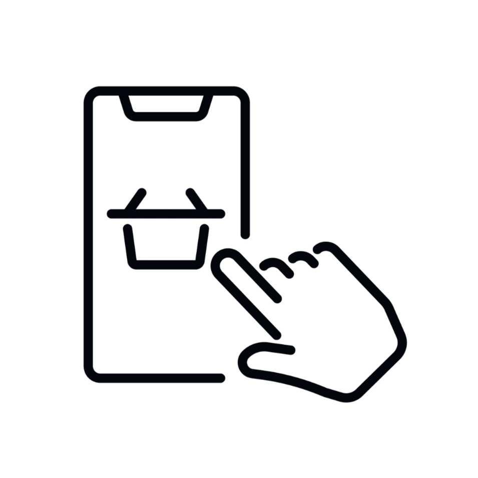 Icon of a hand pointing to a smartphone with a shopping cart on the screen