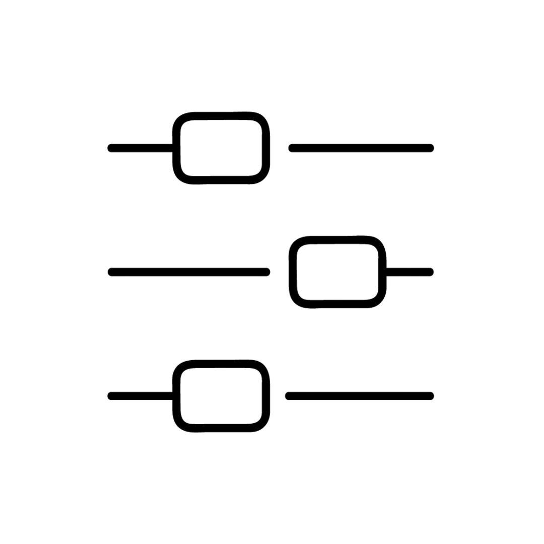 Three black rectangular symbols with horizontal lines on a white background