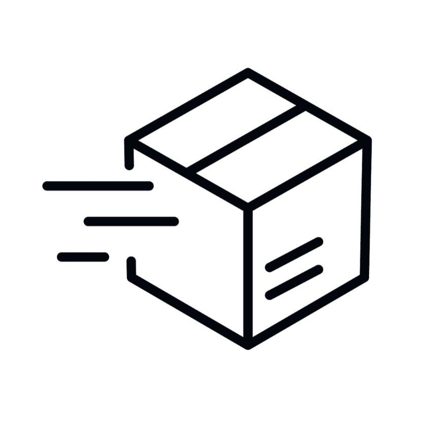 Black and white icon of a box with speed lines