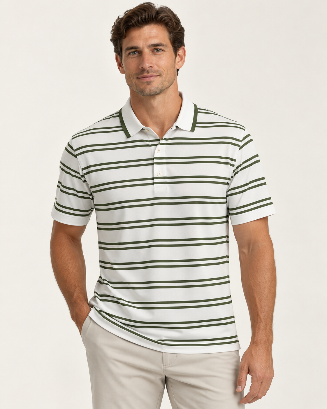 Image of Ashworth Mesh Double Stripe Polo - White/Pesto
